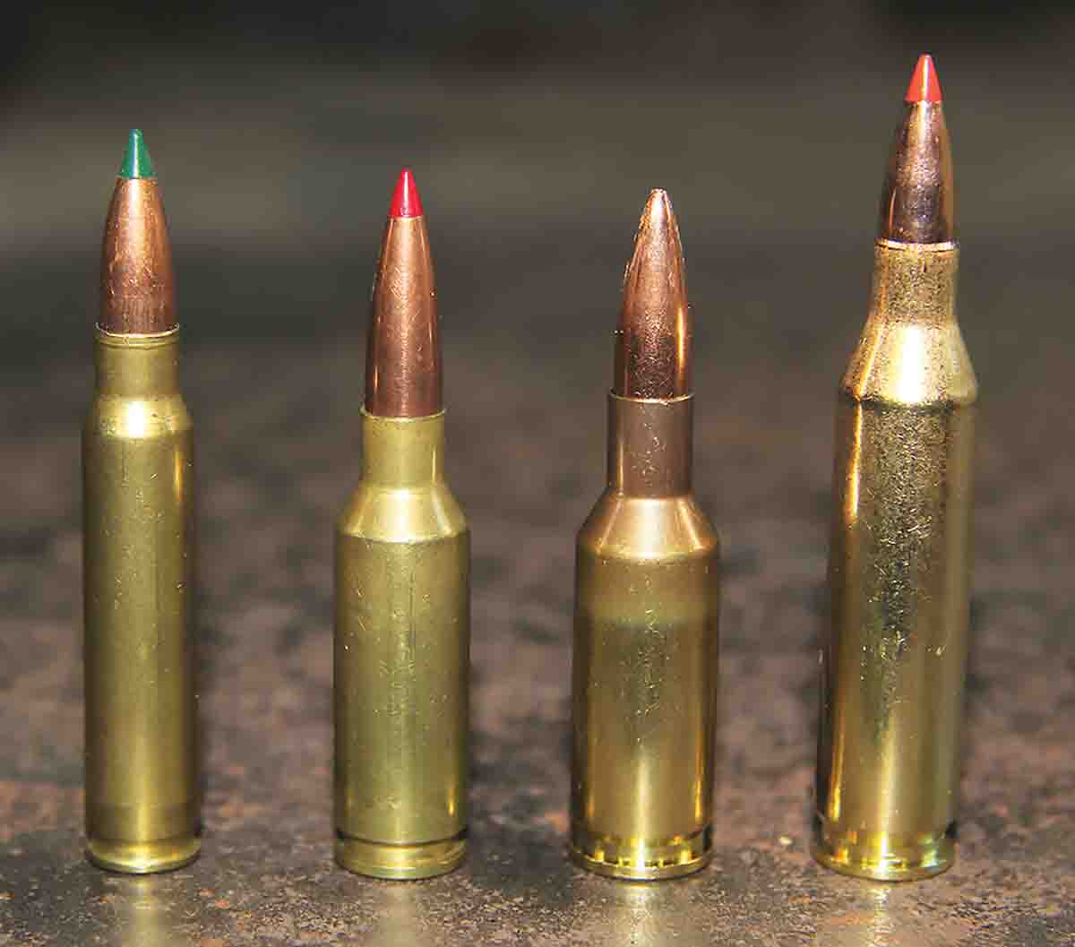 Shown for comparison are (left to right): 6x45mm (6mm/.223 Remington), 6mm ARC, 6mm BR Norma and .243 Winchester.